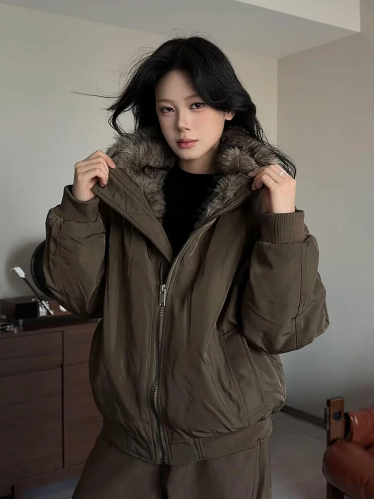 

Thiened Winter Cotton Jaet Women's ort Sle Military een Mountain Eagle Fur Collar Warm Workwear Coat Zipper Closure