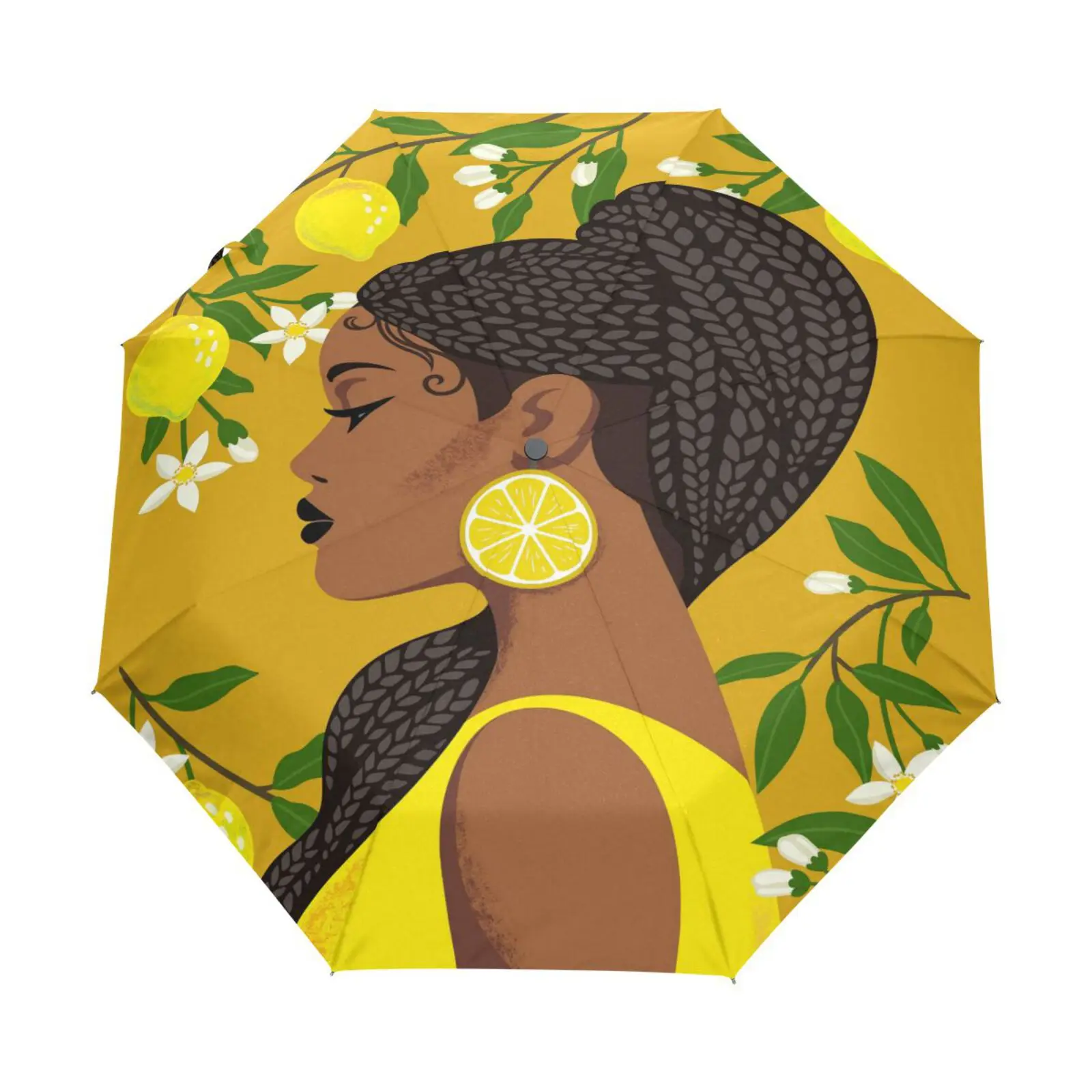 

Beautiful Black Girl With Lemon Print Umbrella Rain Women Three Folding Automatic Umbrella Parasol Parapluie With Black Coating