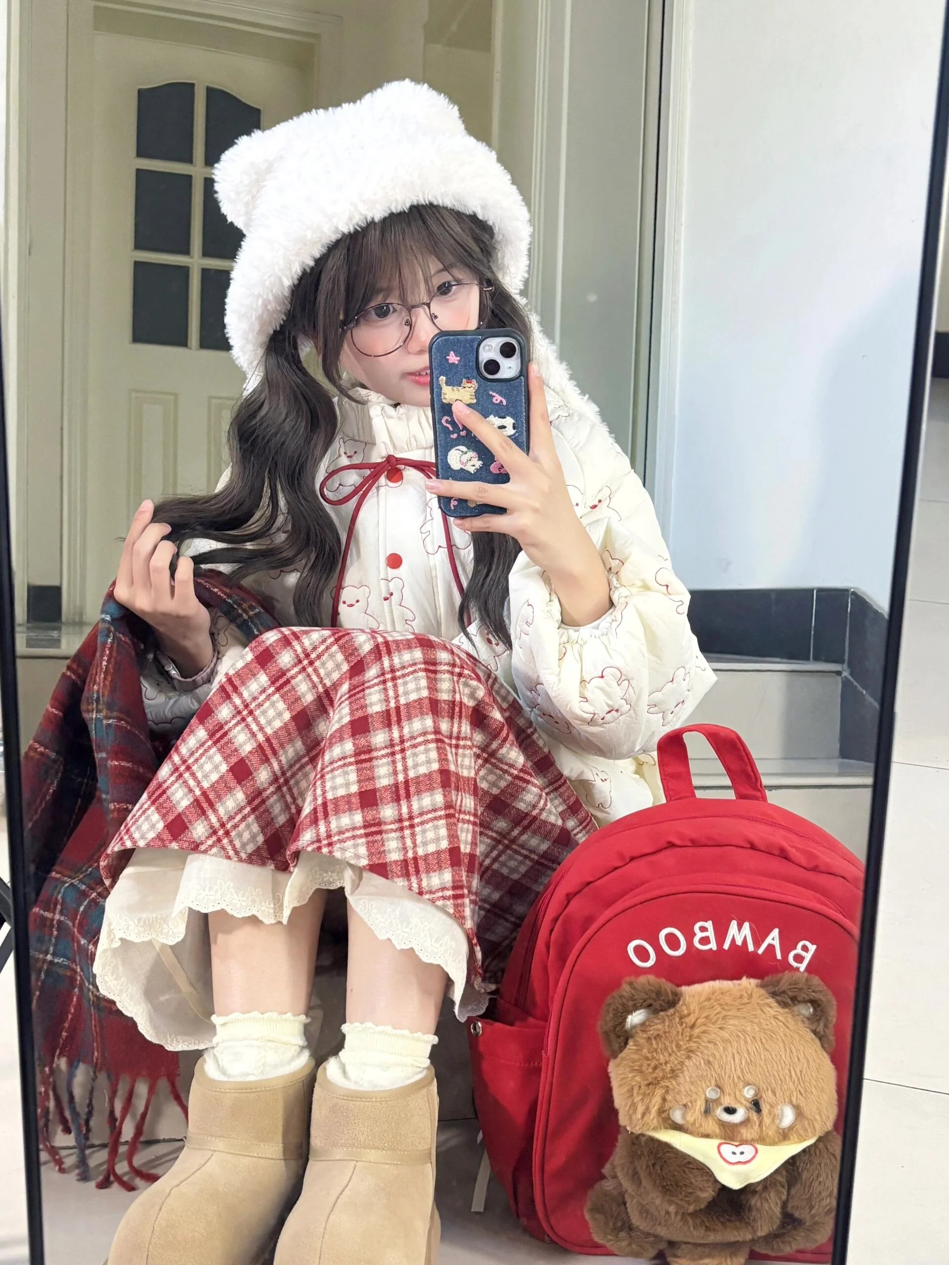 

Зимний комплект свободного кроя из хлопка с медвежьим дизайном и клетчатой юбкой, женский модный ансамбль, удобный комплект для студентов