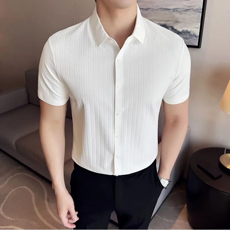 

Summer Men's Thin Short Sleeve Shirt Fashionable Slim fit Trendy Casual Business Jacquard Striped Wrinkle Resistant Shirts