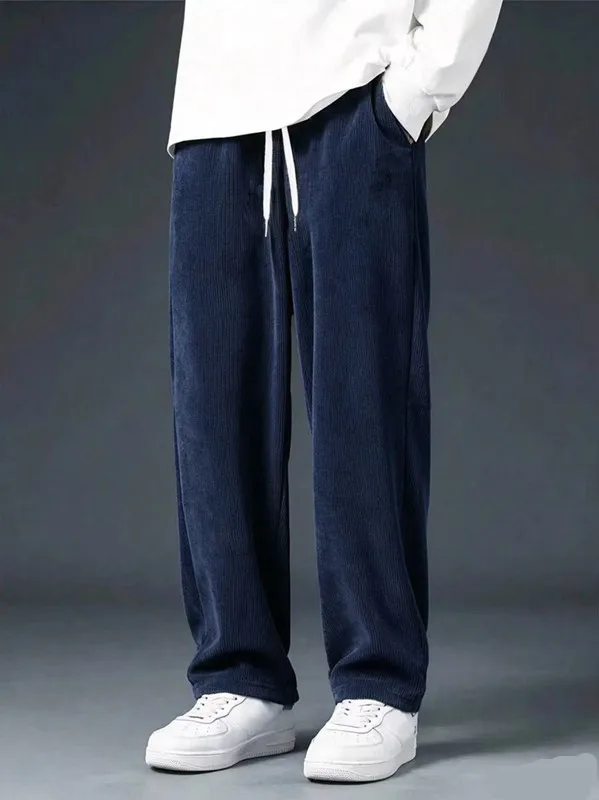 Men Corduroy Wide Leg Pants Elastic Drawstring Loose Casual Trousers Spring Autumn Winter Streetwear Straight Leg Daily Bottoms