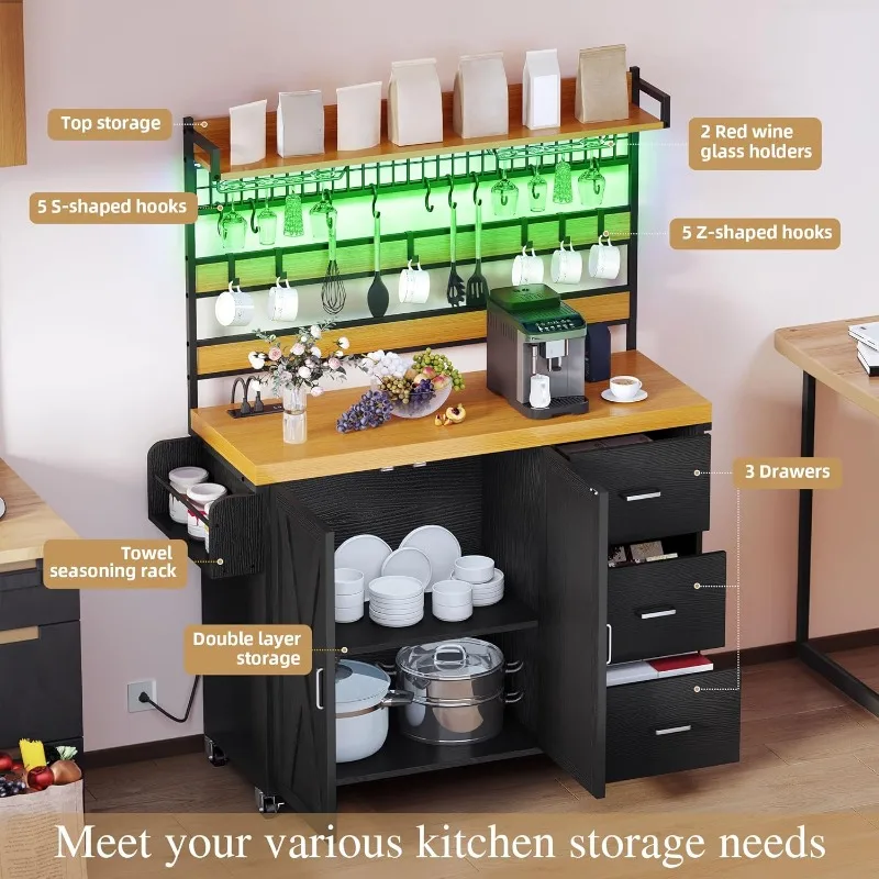 رف الخبازين مع مخرج طاقة وإضاءة LED، حامل ميكروويف مقاس 53 بوصة مع خزانة تخزين وعداد سميك، بيت المزرعة