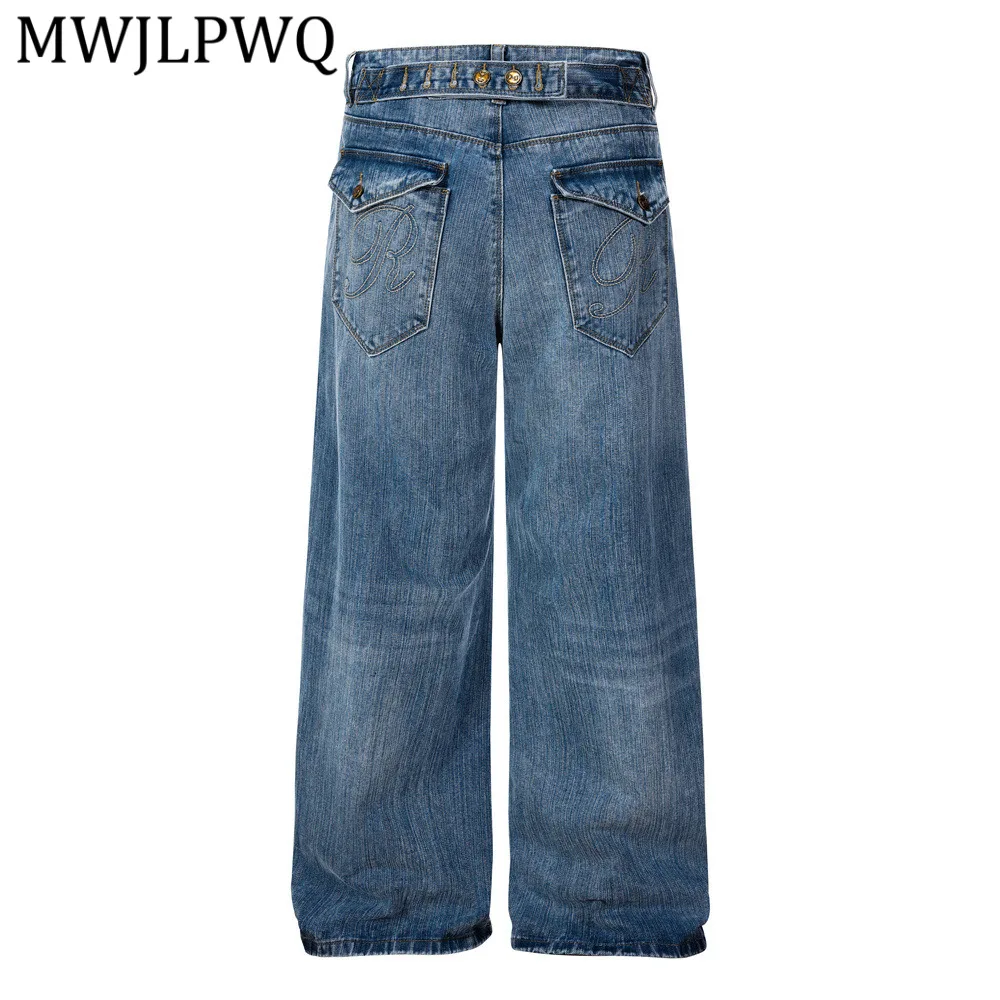 

MWJLPWQ High Street Adjustable Waistband Button Design Jeans Men's American-Style Loose Fit Washed Straight Wide-Leg Pants 14705