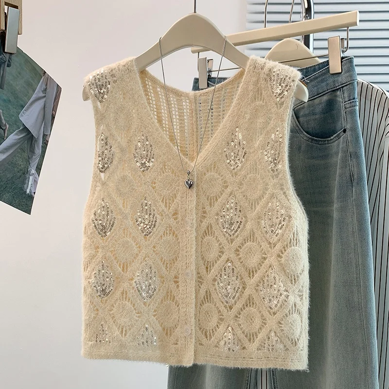 Spring Autumn Hollow out Hook Flower Anti-Aging Versatile High-End Sequin Open Cardigan Vest Outerwear Thin Women's Fashion