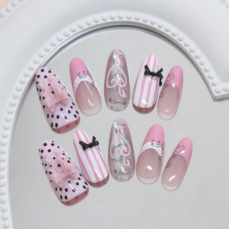 24 piezas uñas postizas rosadas dulces con moños, francesas almendra brillantes, estilo coreano 3