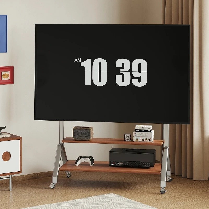 Solid wood TV bracket Stainless steel adjustable TV bracket Universal wheel movable TV stand