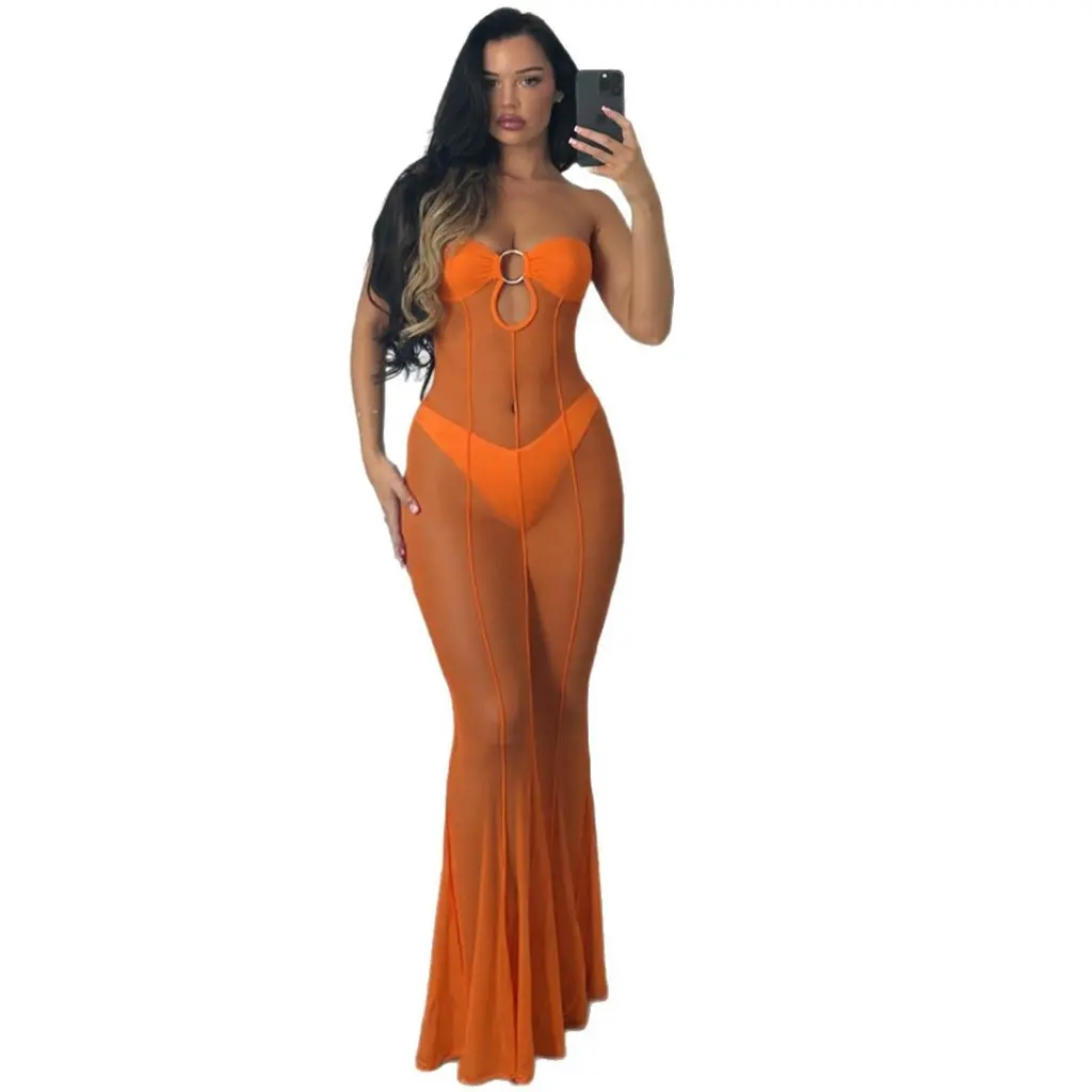 Vestido ajustado de malla transparente Sexy para mujer, estilo americano y europeo a la moda, Otoño Invierno, cuello de una línea recortado