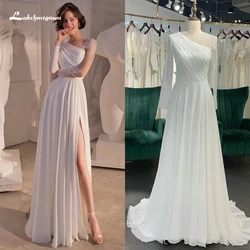 Simple Sexy Split O Neck Full Cap Sleeve Lace Appliques Chiffon A Line Wedding Dress For Women Back Zipper Bride Customized Robe