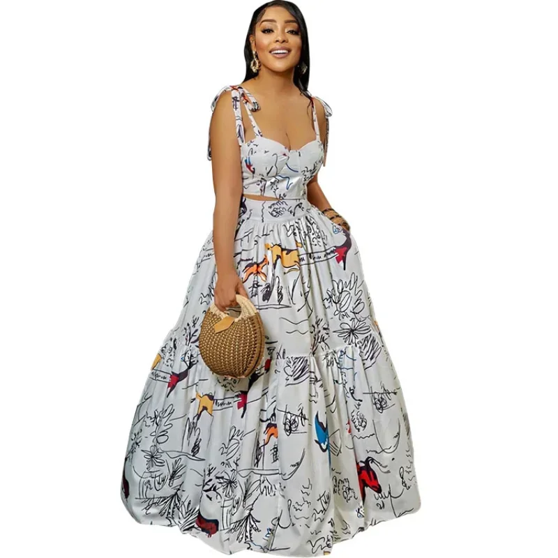 African Clothes for Women Summer Sexy African Women Sleeveless Polyester Printing Two Pieces Top and Long Skirt Matching Sets