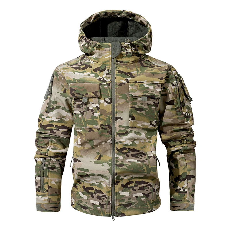 Men's Silent Soft Shell Camouflage Tactical Jacket Waterproof Warm Fleece Hunting Jackets Outdoor Hiking Fishing Hooded Coat