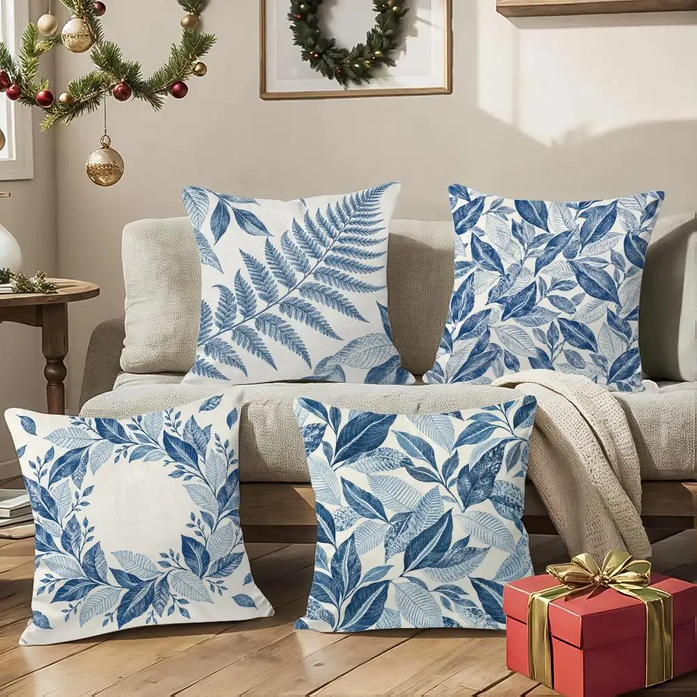 Blue Foliage Serene Natural Cushion Cover 1/4Pcs Soft Plush Throw Pillow Cover Double-Sided Print Sofa Living Room Decor