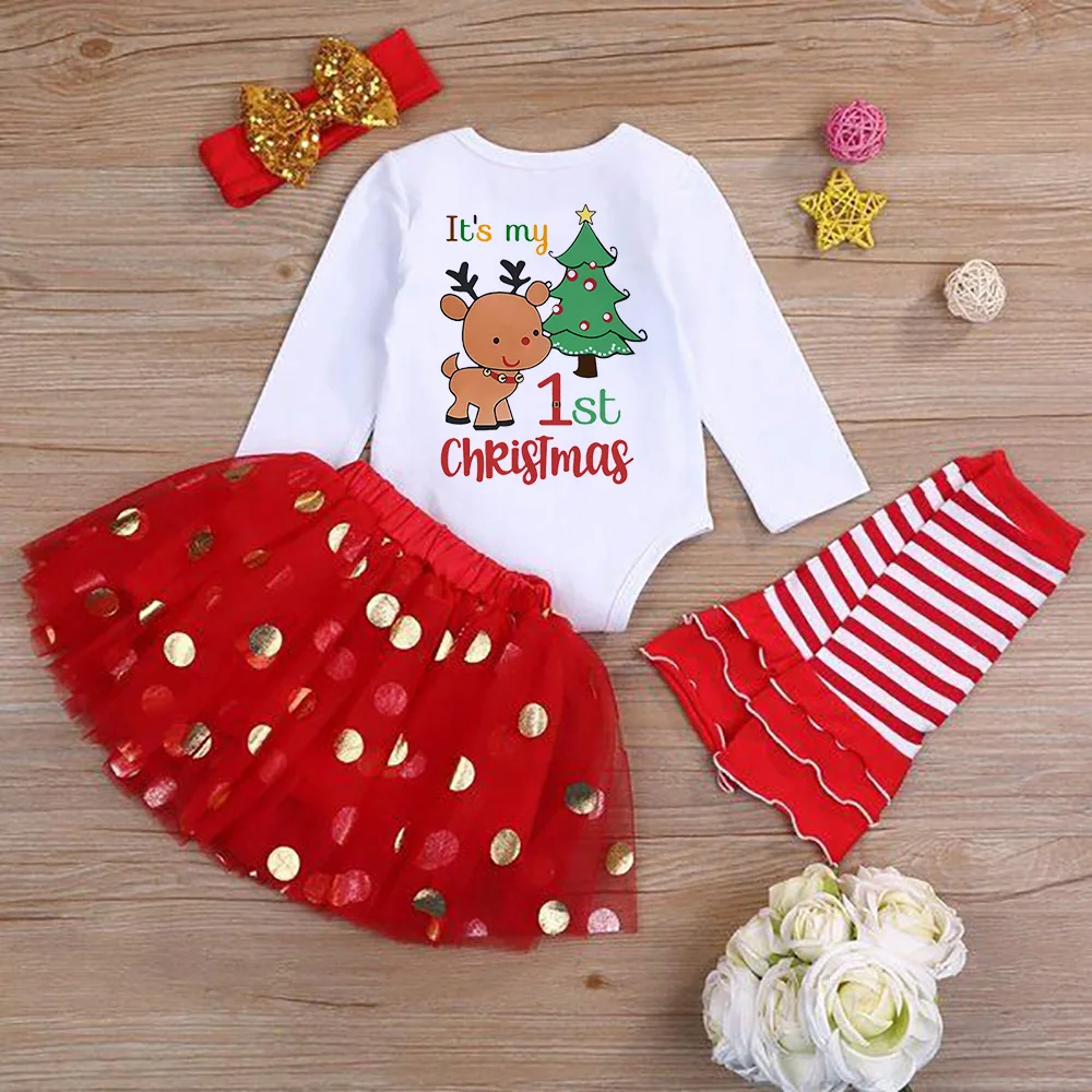 It\'s My First Christmas Baby Romper & Tutu Set Deer Print Girls Outfit Infant Baptism Bodysuit Dress Xmas Outfits Skirt 2pcs