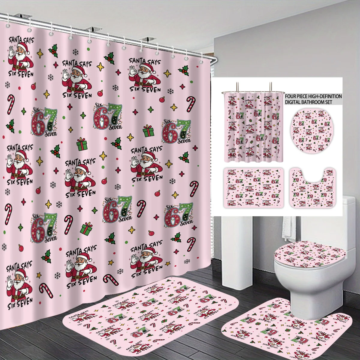 

4pcs Christmas Pink 67 Element Printed Bathroom Set Waterproof Shower Curtain Floor Mat Toilet Mat U-shaped Mat