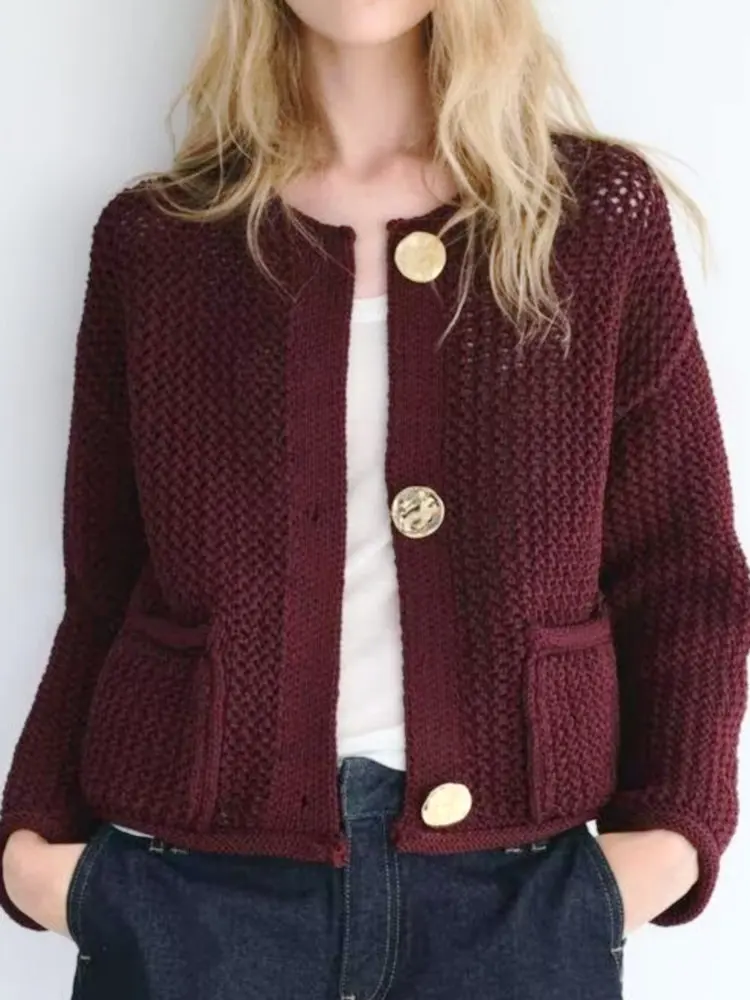 

Осень-зима 2022, женские модные свободные вязаные кардиганы с вырезами, женские элегантные дизайнерские свитера с длинными рукавами и карманами на пуговицах