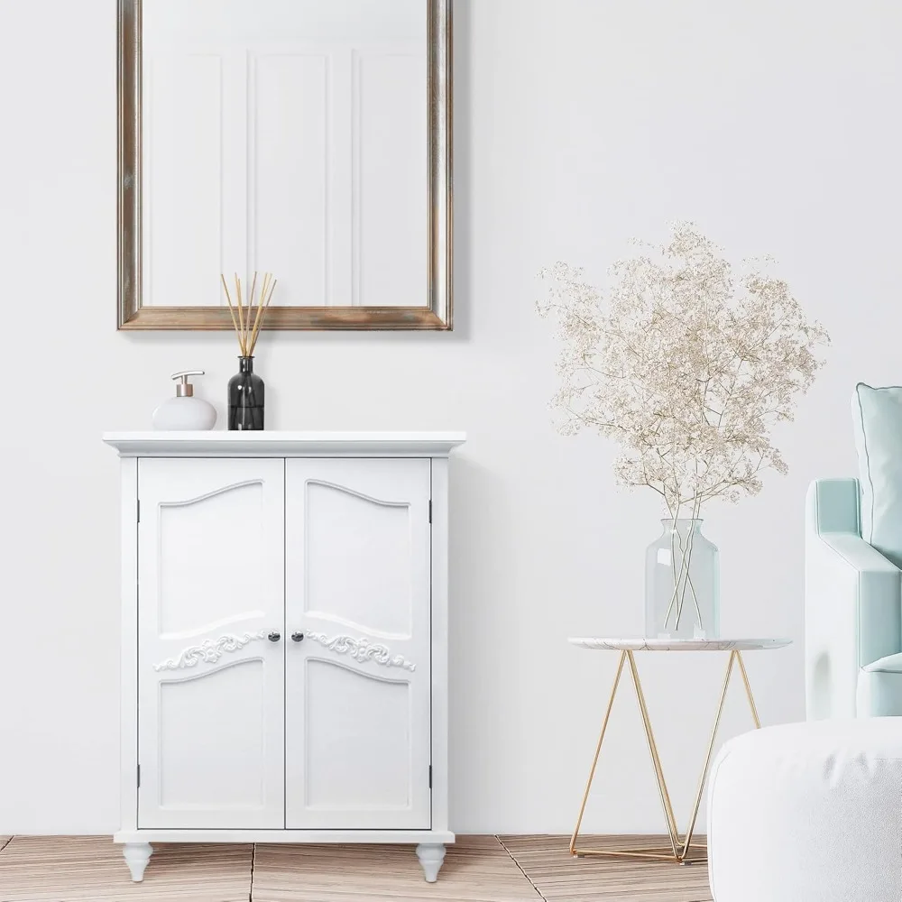

NEW White,Versailles Wooden Freestanding Floor Storage Cabinet w/2 Adjustable Shelves 3 Storage Spaces&2 Floral Scroll Doors