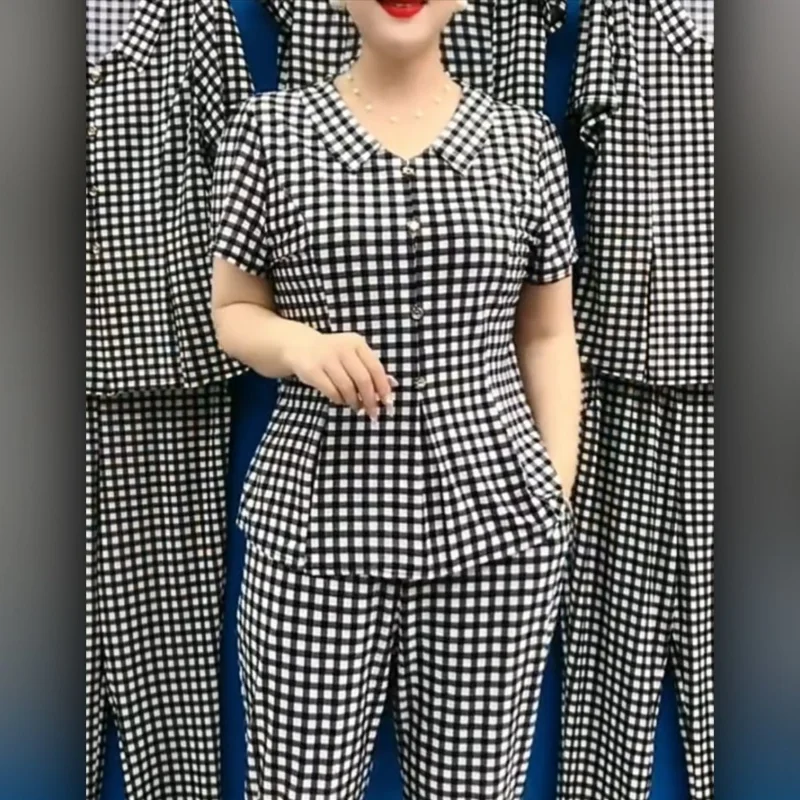 Summer New Korean Fashion Women Thin Plaid Two Piece Set V-neck Printed Patchwork Button Short Sleeved Top Straight Pants Suit