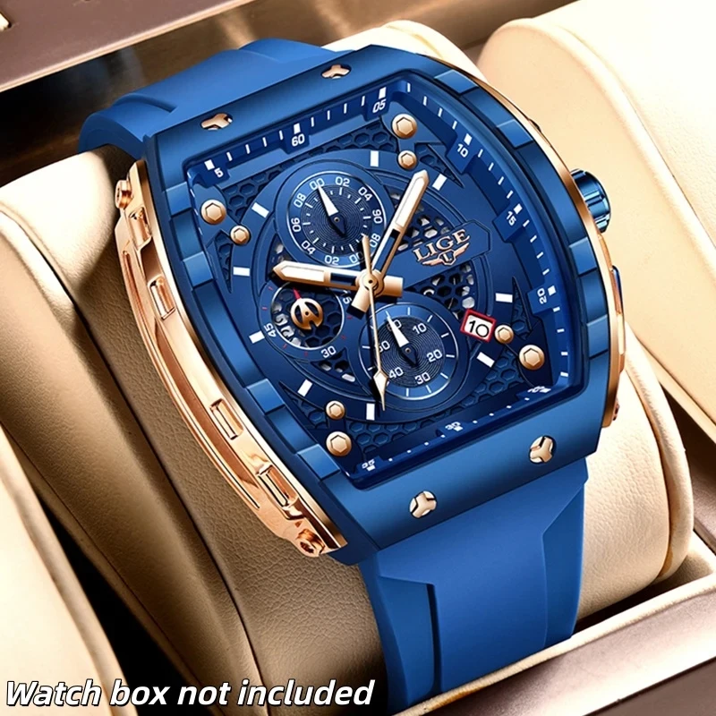 Fashionable Casual Style Men's Waterproof Watch Square Men's Quartz Wristwatch Chronograph Luminous Pointer Watch Silicone Tape