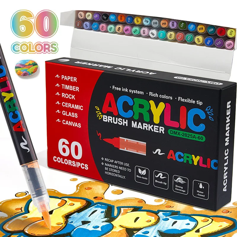 

12-72 Colors Brush Tip Acrylic Markers Set Art Supplies for Rock Wood Canvas Glass Ceramics Adult Coloring & DIY Crafts