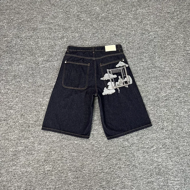 

Derschutze 2026 American Street Style Cherry Blossom Embroidery Denim Shorts Men Women Summer Loose Trendy Casual Versatile