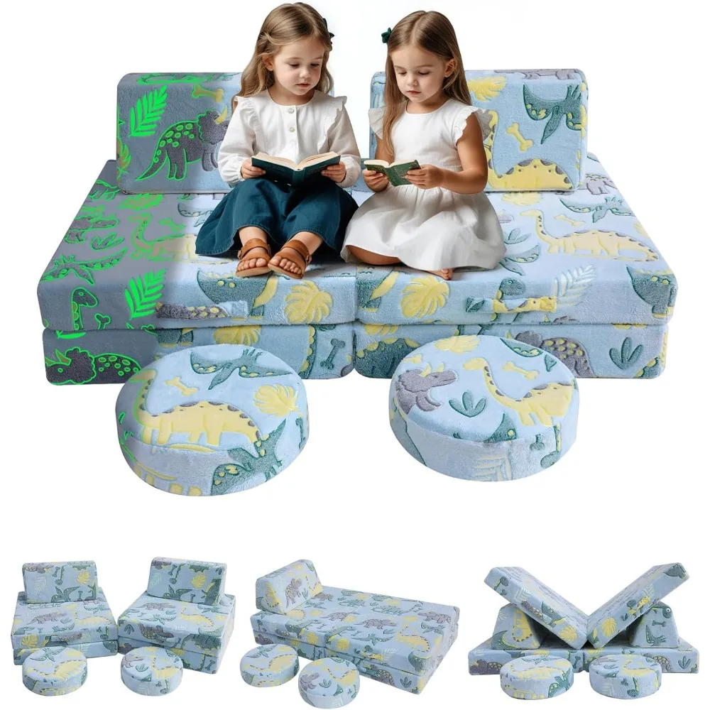 8-Piece Kids Glow Modular Couch, Fold Out Baby Couchs Play Set, Children Convertible Sofa Foam Couch