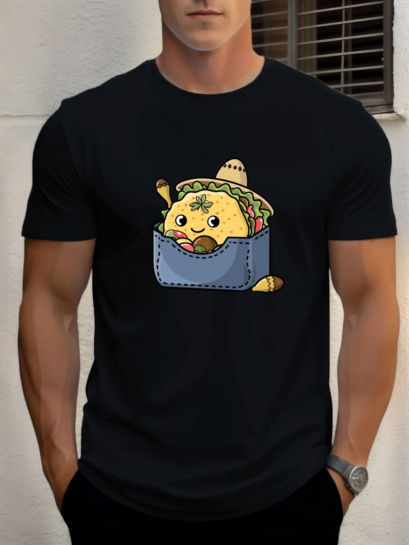 

T Shirt For Men Pocket Burrito 100% Cotton Graphic Printing Summer Round Neck T-Shirt Casual Breathable Street Style Daily Top