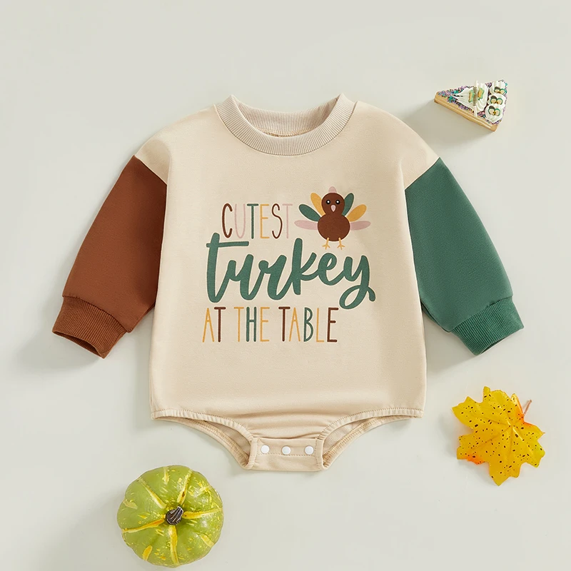 2024-07-15 Lioraitiin Baby Thanksgiving Sweatshirt Romper Letter Turkey Print Contrast Color Long Sleeve Fall Jumpsuits