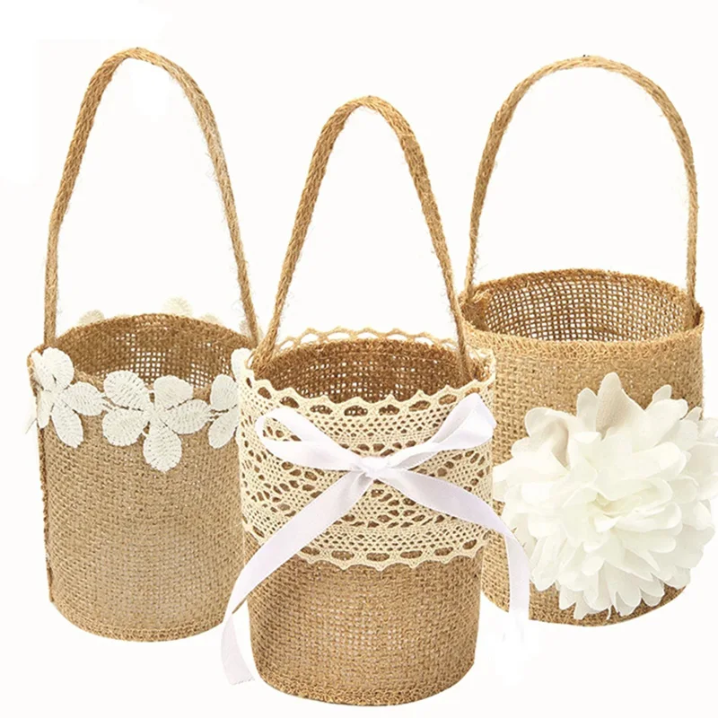 Vintage Flower Basket Burlap Jute Roses Rustic Wedding Flower Girl Basket With Lace Satin Wedding Party European Style Decor New