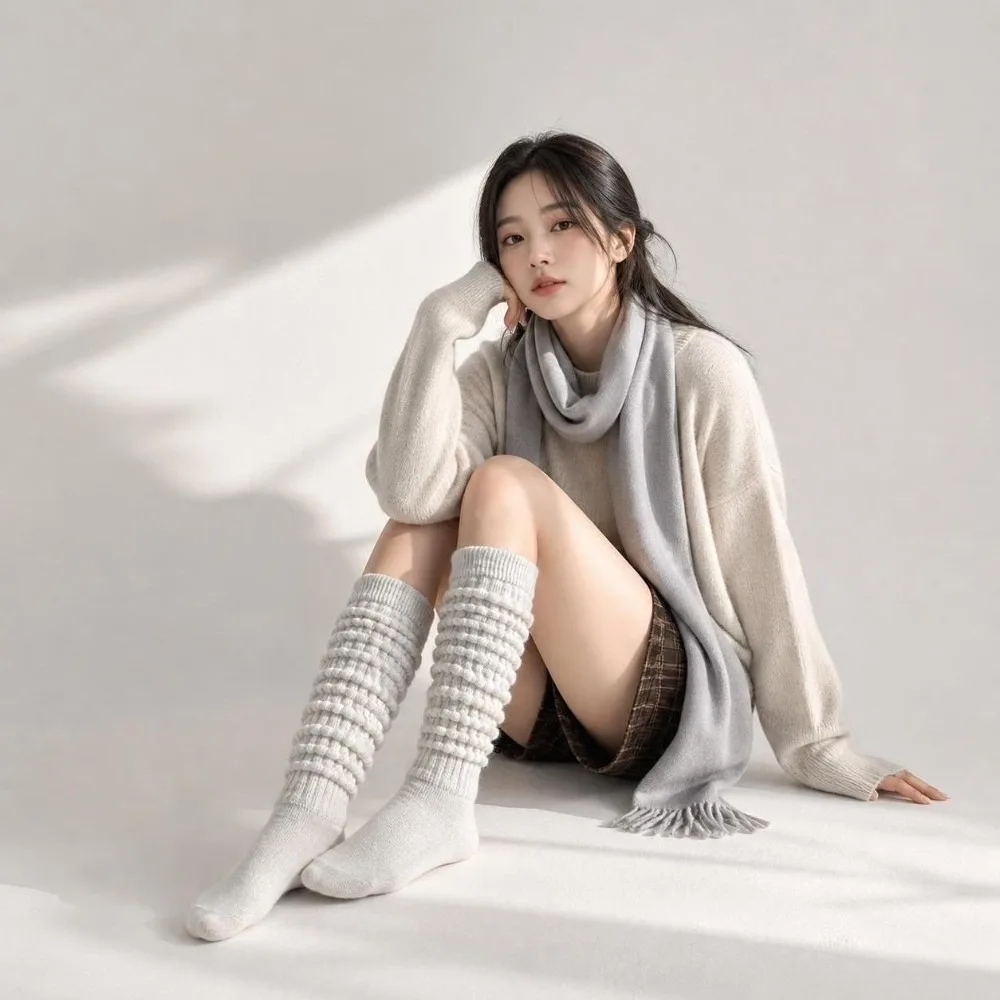 1 pair New Pleated Slouchy Over-Knee Socks Thick Stacked Thigh-High Socks Warm Winter Socks Women