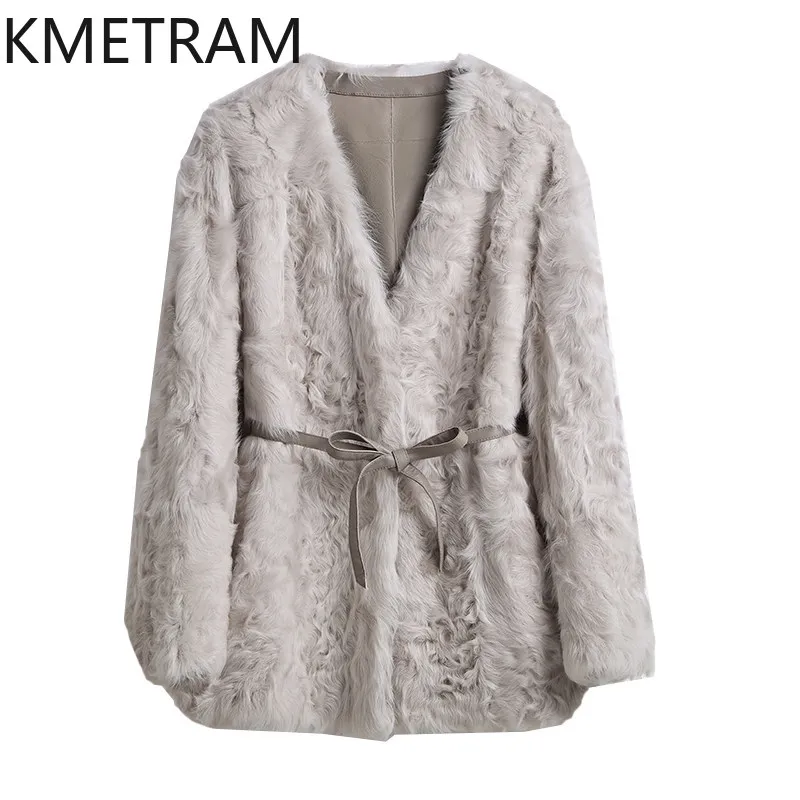 KMETRAM 100% Xiaohu Sheep Shearling Fur Coat Woman V-neck Mid Length Fur Jacket Women Winter Coats Soft Wool Outerwear Warm