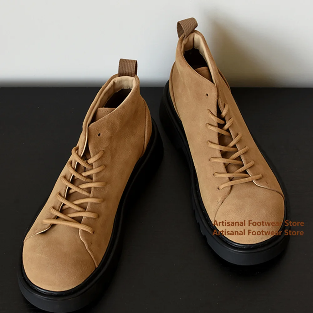 Thick-Soled Men's Boots Brown Suede High-Top Lace Up Shoes British Style New In Trendy Handmade Cowhide Men's Shoes Botas Mujer