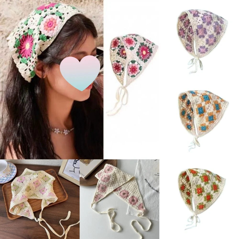 Mehrfarbiges Strickblumen-Stirnband, französische Retro-Foto-Requisiten, dreieckiger Turban, Schal, Haar-Accessoires, kleines Gänseblümchen-Haarband