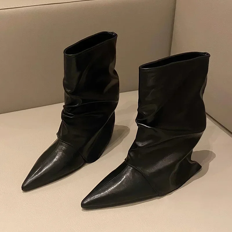 Botines puntiagudos para Mujer, zapatos de cuero sexis para nieve, zapatos de moda de diseñador de marca para Mujer 2025, Botas góticas de invierno Chelsea para Mujer