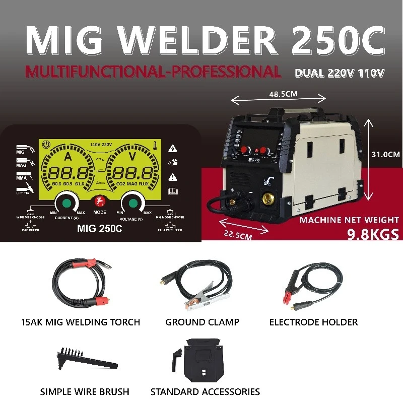 Welders MIG250C 4-in-1 MIG/MMA/TIG Gasless Welding Machine Stainless Steel IGBT Inverter DC Easy Operation Dual Voltage