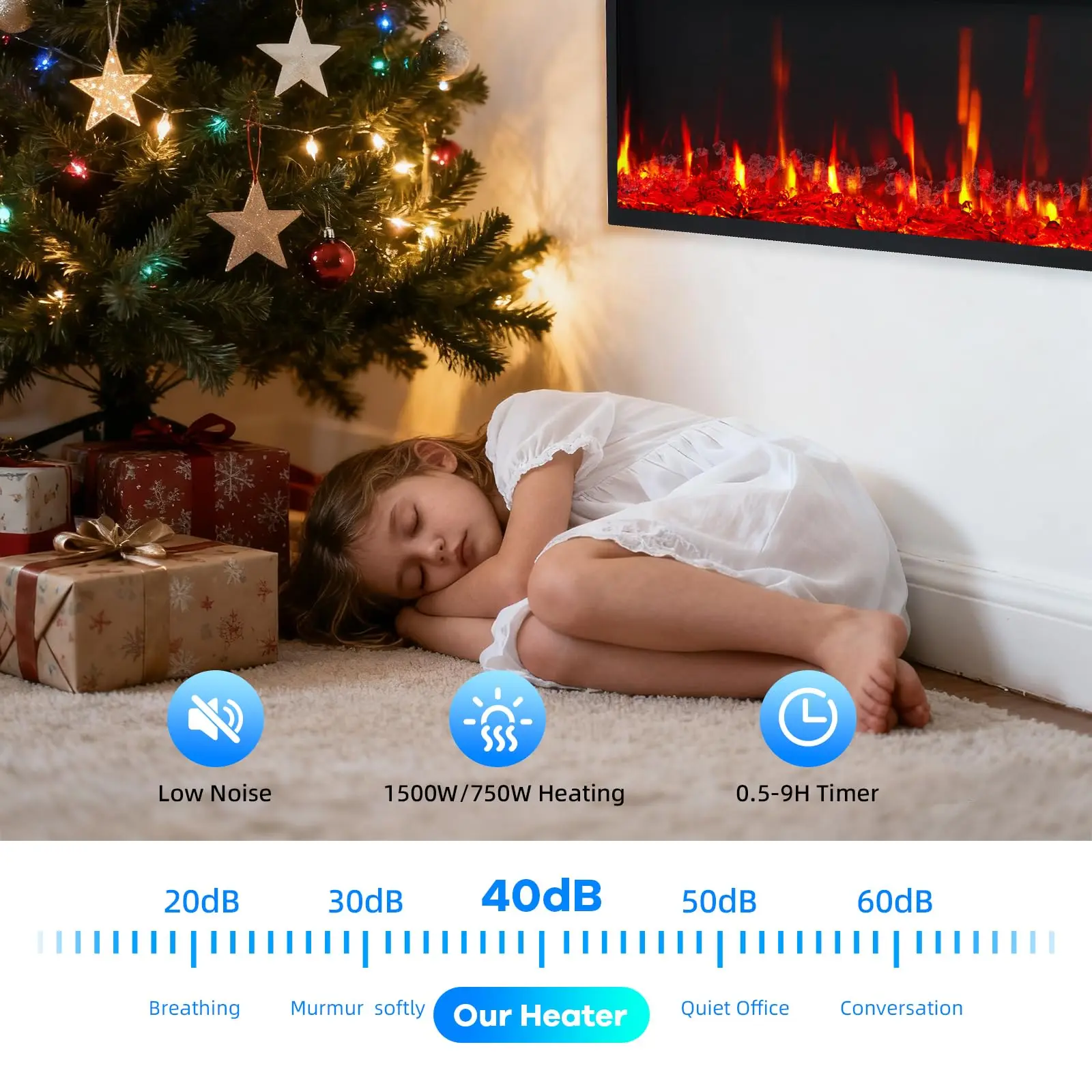 42/50/60/68in سخان مدفأة كهربائي فائق النحافة 5000 وحدة حرارية بريطانية مثبت على الحائط/مريح مع مؤقت عن بعد لهب قابل للتعديل 750 وات/1500 وات