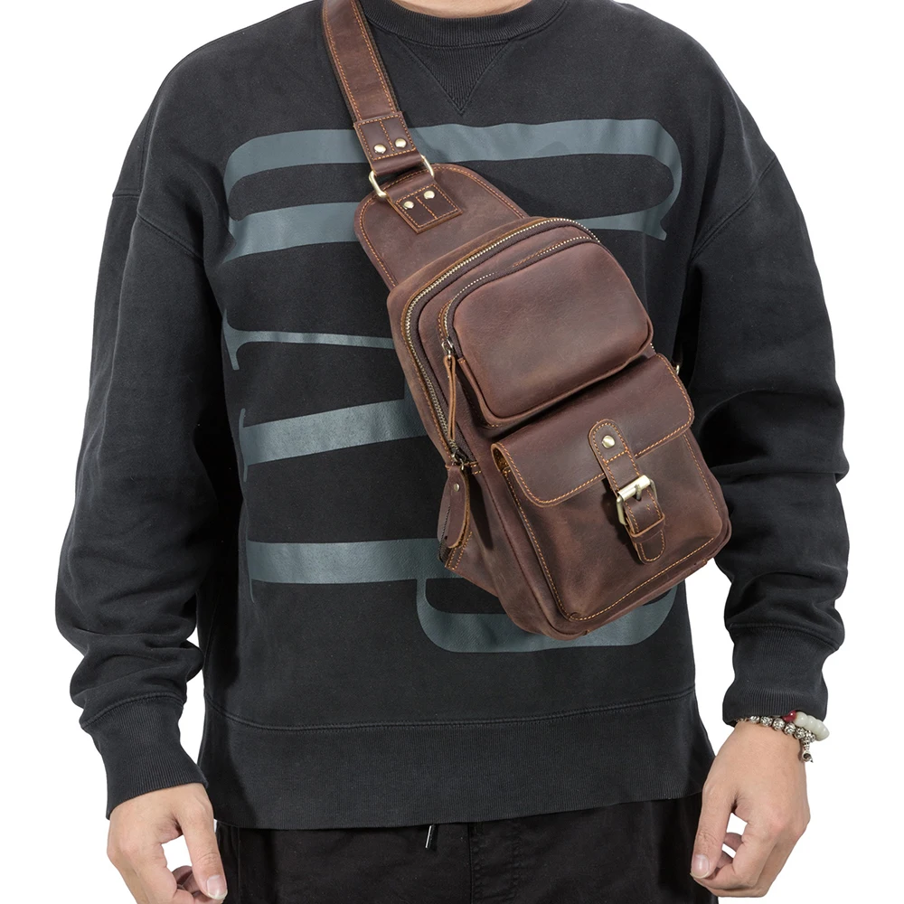 Hot selling chest bag men's crossbody bag high-end feeling crazy horse retro shoulder bag men's genuine leather chest bag