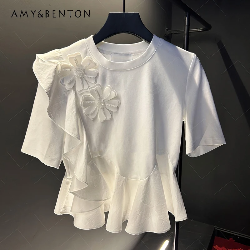 Chic Irregular Three-Dimensional Flower Ruffled Short Sleeves Shirts for Women Summer New Sweet Cute Round Neck Tops OL Tops