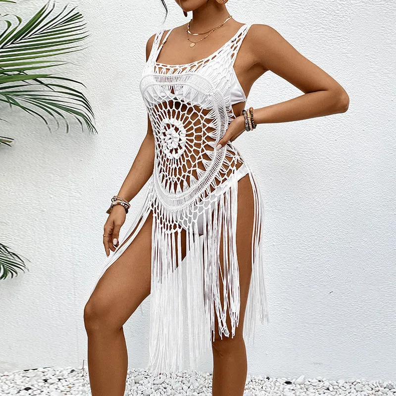 2024 Crochet Tunic Bikini Cover-ups Sexy Hollow Out Dress Women Summer Clothes Beach Wear Swim Suit See Through Tassel Cover Up