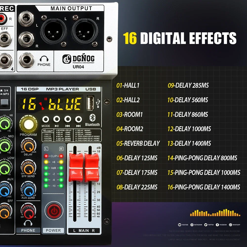 Imagem -04 - Dgnog-audio Mixer com Bluetooth Mixing Console 16 Dsp 48v Phantom Power dj Gravação do Computador Tabela de Som Ur04 Canais