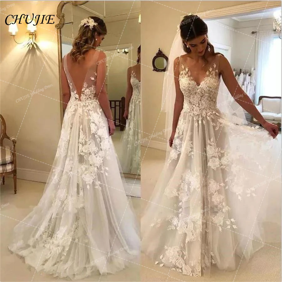 V Neck Wedding Dress Bride Robe Sleeveless Lace Applique A Line Backless Bridal Gown robe de soirée de mariage Vestido de novia