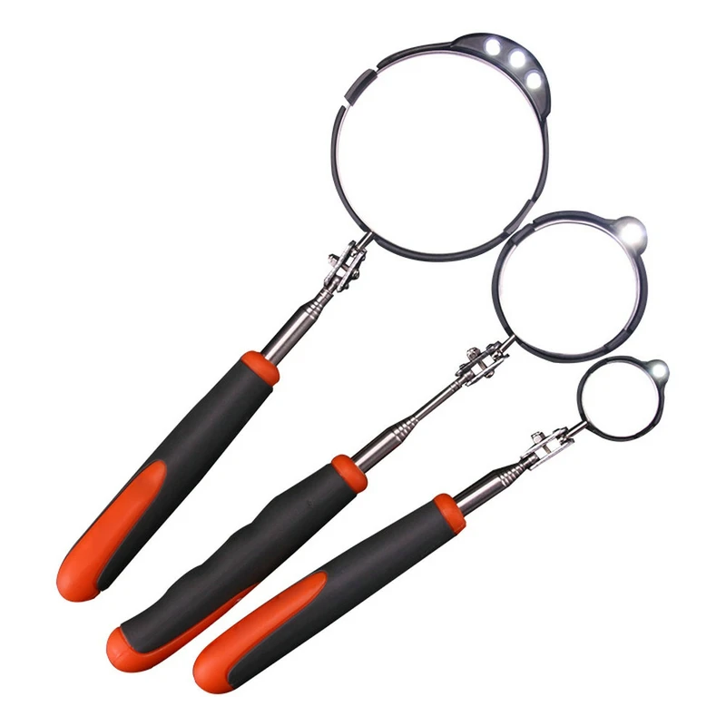 NEW LED Lighted Rectangular Telescoping Inspection Mirror Extending Car Angle View