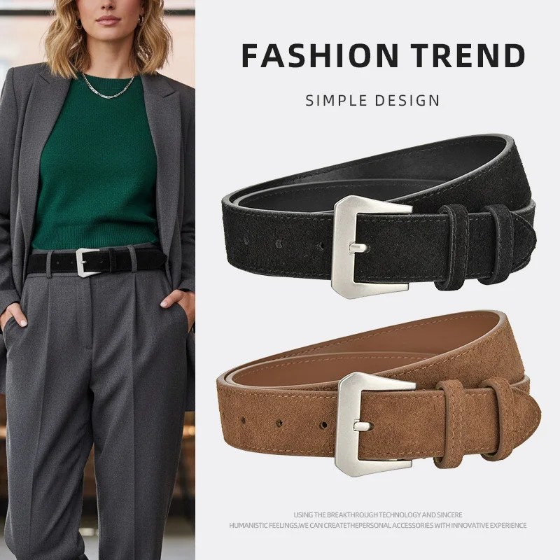Vintage Matte Suede Genuine Cow Leather Belt for Dresses and Jeans