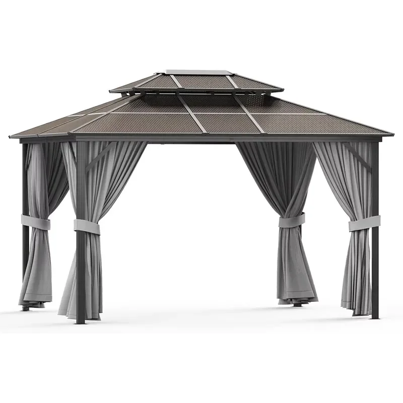Hardtop Garden Gazebo Polycarbonate Double Roof Steel Frame Outdoor Pavilion Curtains Netting Permanent Canopy Eco-Friendly