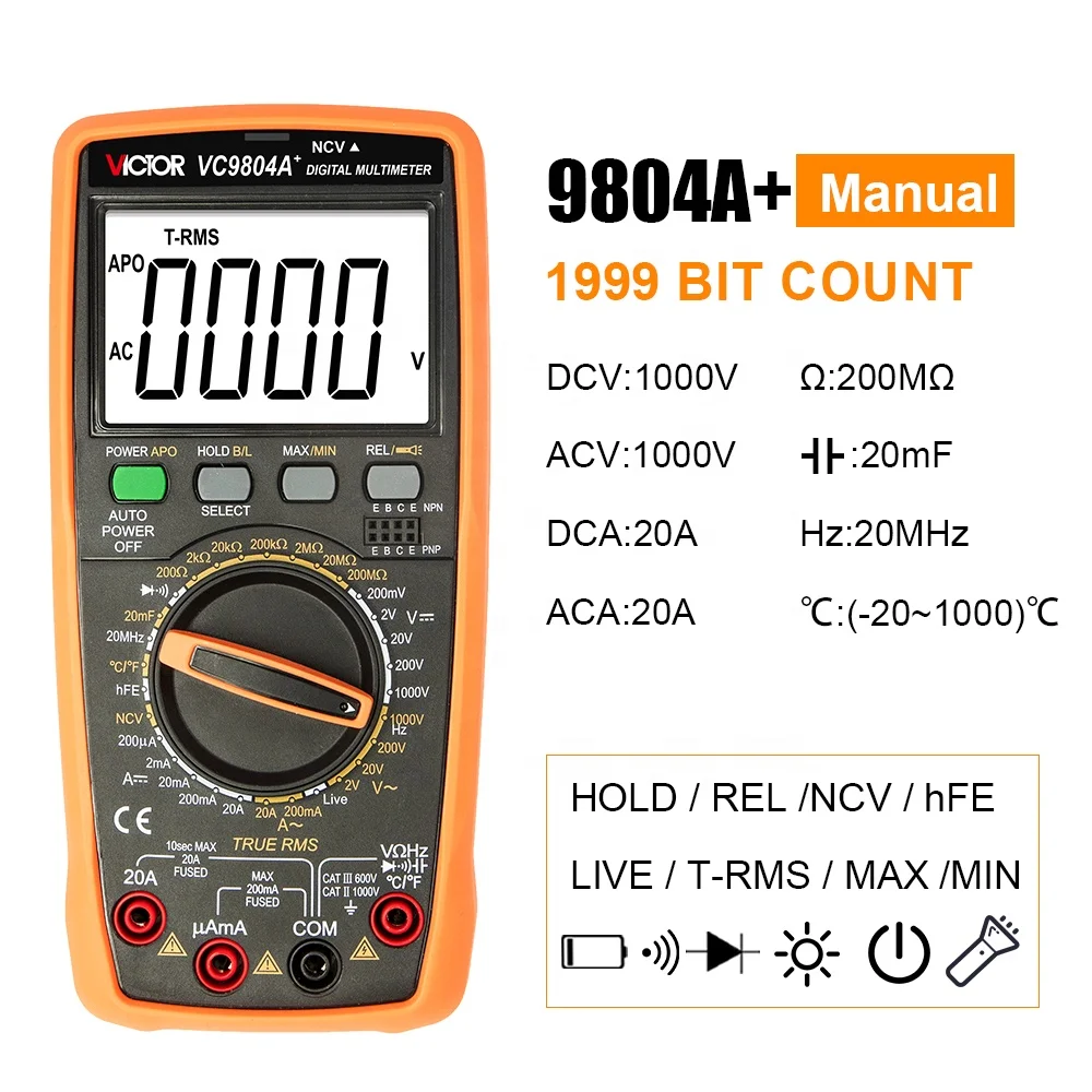 Victor NEW VC9804A+ Large Screen Backlit LCD Display with a Maximum Display of 1999 DIGITAL MULTIMETER