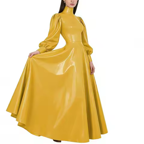 Plus Size Glossy PVC Lantern Sleeve Maxi Dress for Women's Latex-like High Neck Party A-Line Evening Dress Wetlook Clubwear Gown