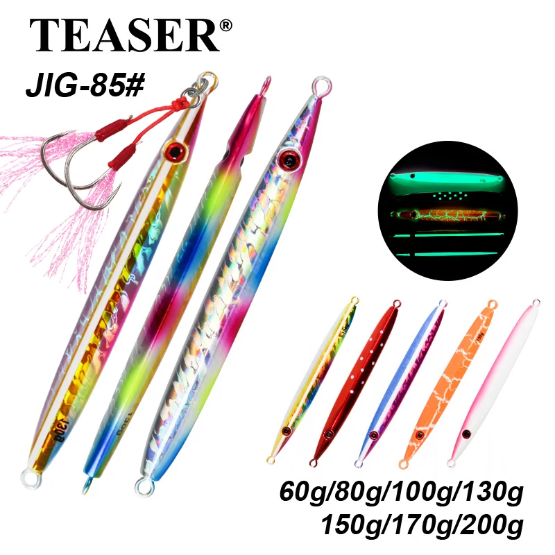 

TEASER J85 40g 60g 80g 100g 130g 150g 170g 200g Saltwater Hard Artificial Metal Jigging Bait Glow Fast Sinking Metal Jig Lures