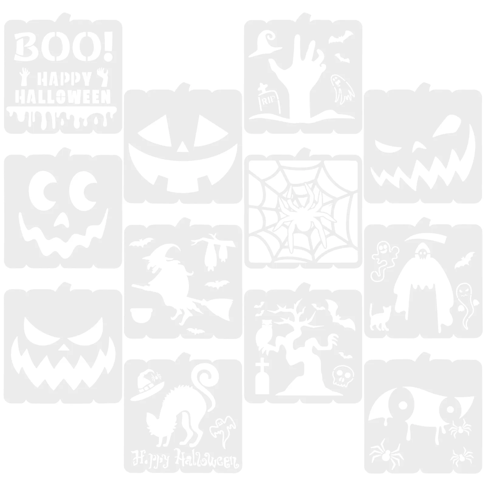 12 Pcs Halloween Drawing Template Paper Door Mat Stencils Cookie Painting Ghost Decor Boo Pumpkin Spider Baking