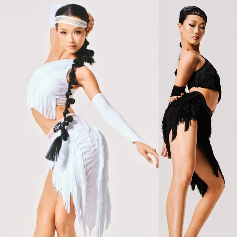 Sexy Cha Cha Latin Dance Competition Costume Women Sloping Shoulder Latin Top Taseels Skirts Adults Latin Dance Clothes SL15399