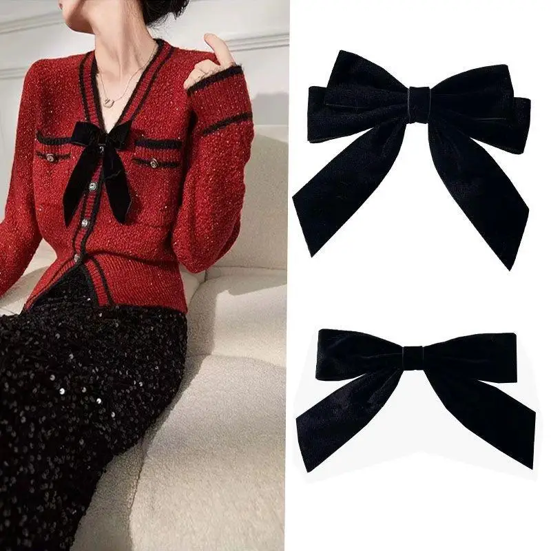 Preto veludo arco broche camisa camisola decoração outono inverno acessórios de moda feminina