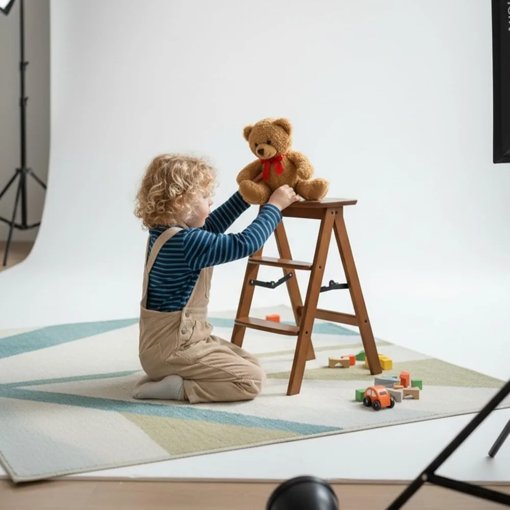 سلم خشبي قابل للطي لدعائم التصوير الفوتوغرافي - الحمولة القصوى 300 رطل، مقعد خشبي قوي ثلاثي الخطوات لاستخدام التصوير الفوتوغرافي #6