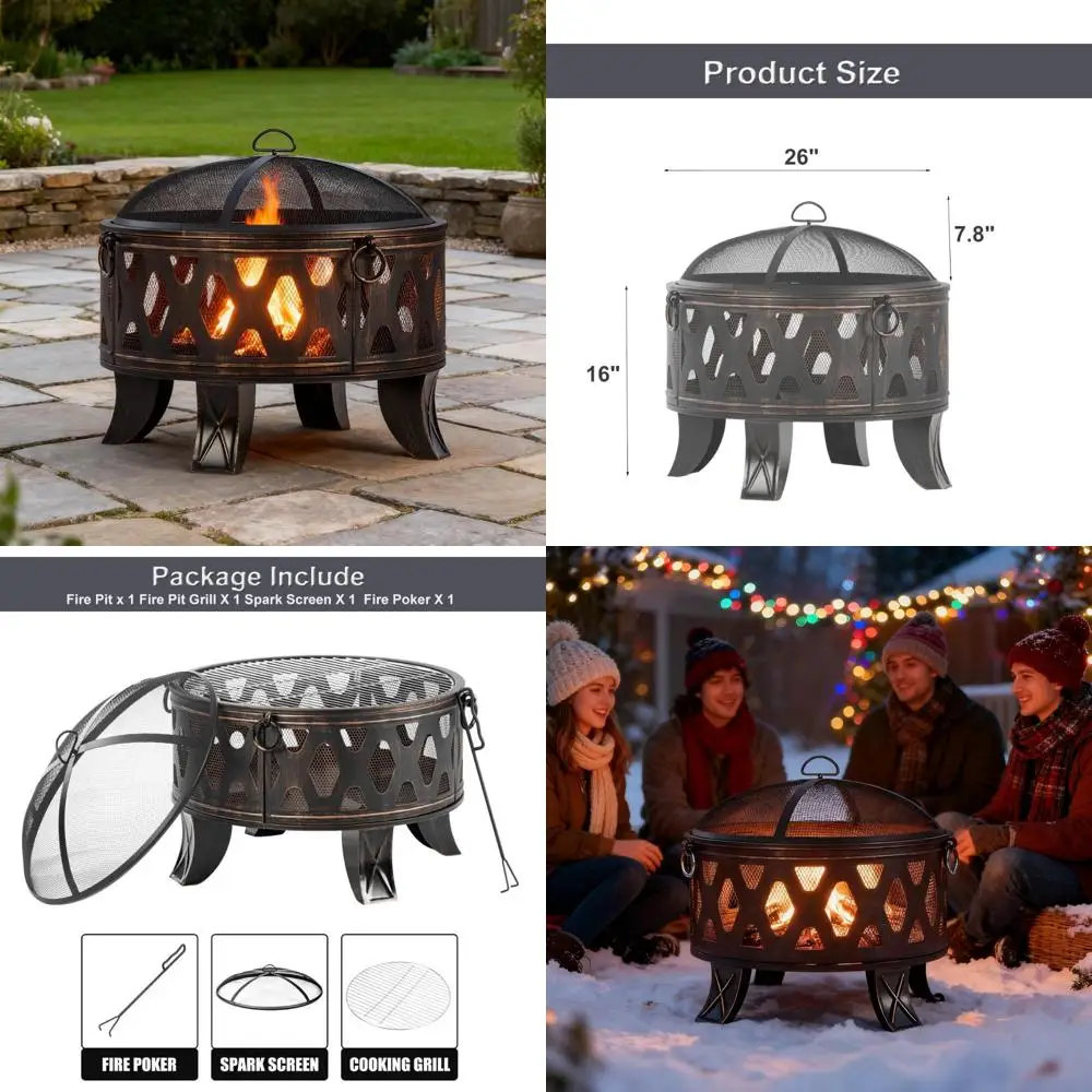 

Outdoor Round Metal Fire Pit with Cooking Grill, 26 Inch Wood Burning Patio Backyard Bonfire Firepit